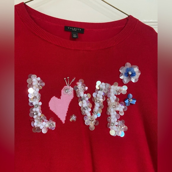 💘 Talbots Valentine’s ‘LOVE’ Red Sweater - Size Petite Large - Picture 2 of 2